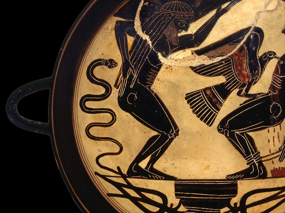 Kýlix laconia con Prometeo y Atlante