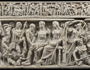 Sarcófago con mito de Adonis y tapa no pertinente con mito de Edipo, 220 d.C.