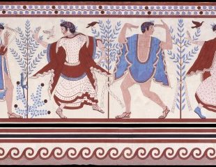 Copia de la Tumba de Triclinio en Tarquinia: pared con bailarines y músico; 1833 (pintura al temple de Carlo Ruspi); 470 a.C. (frescos originales de la tumba)