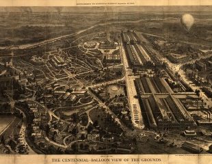 Filadelfia 1876 – Vista a vuelo de pájaro de la "Centennial International Exhibition", grabado