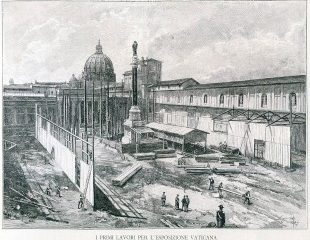 Vaticano 1888 – Obras para la "Esposizione Vaticana" en el Patio de la Piña, grabado