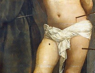 Tiziano, La Virgen con el Niño y Santos (San Sebastián, detalle), Pinacoteca