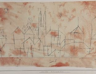 Paul Klee, Ciudad con catedral gótica, 1925, dibujo por calco al óleo y acuarela sobre papel