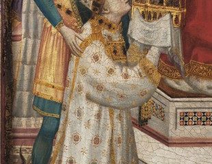 Giotto y su taller, Tríptico Stefaneschi, detalle con Jacopo Stefaneschi que ofrece el tríptico