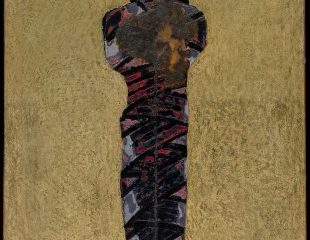 Ivan Borisov Vukadinov, “In Memory of the Heroes (Chile)”, 1973, encaustic painting on canvas, fragments of jute sacks, twine