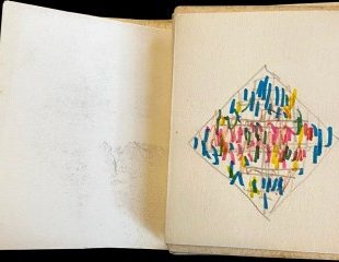 Menab&ograve; per la cartella di serigrafie le &ldquo;Litanie della Vergine&rdquo;, 1972, Tecnica mista (matita, penna e pennarello) su cartoncino, 10 &times; 8 cm. Per gentile concessione di Gianni De Luigi  