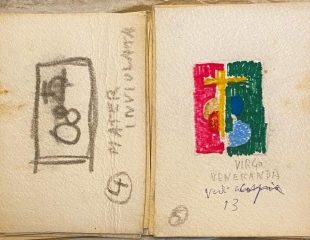 Menab&ograve; per la cartella di serigrafie le &ldquo;Litanie della Vergine&rdquo;, 1972, Tecnica mista (matita, penna e pennarello) su cartoncino, 10 &times; 8 cm. Per gentile concessione di Gianni De Luigi  