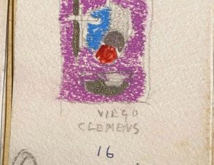 Menab&ograve; per la cartella di serigrafie le &ldquo;Litanie della Vergine&rdquo;, 1972, Tecnica mista (matita, penna e pennarello) su cartoncino, 10 &times; 8 cm. Per gentile concessione di Gianni De Luigi  