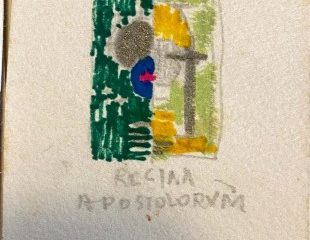 Menab&ograve; per la cartella di serigrafie le &ldquo;Litanie della Vergine&rdquo;, 1972, Tecnica mista (matita, penna e pennarello) su cartoncino, 10 &times; 8 cm. Per gentile concessione di Gianni De Luigi 