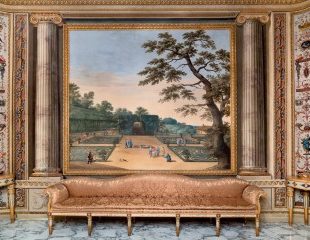 Pope Clement XIV meets the cook &ldquo;Setteminestre&rdquo; at Villa Cybo in a painting by Giovanni Angeloni in the Billiard Room
