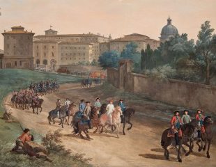 Pope Clement XIV leaving the Palace on horseback in a painting by Giovanni Angeloni housed in the Billiard Room